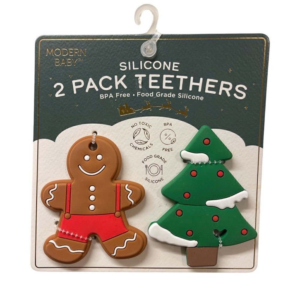 Modern Baby Infant Silicone 2 Pack Teethers Christmas Tree Gingerbread NWT